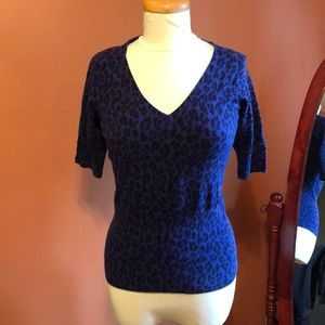Express Blue and Black Leopard V-Neck Sweater